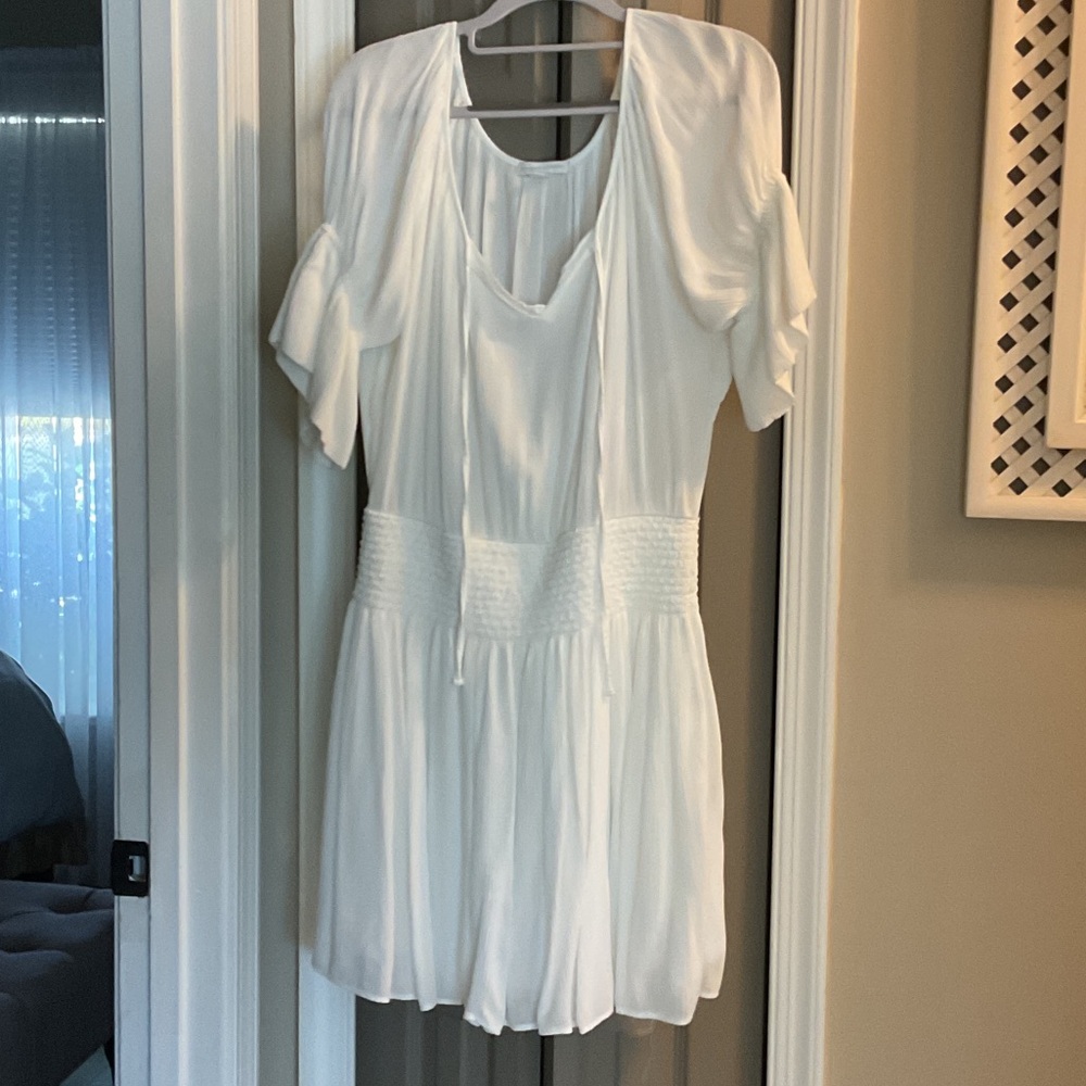 New York & Company White Short Sleeve Smocked Waist Mini Dress